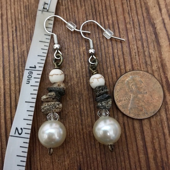 * Ladies Pearl and Shell Dangle Earrings, Handmade Earrings - Picture 2 of 2
